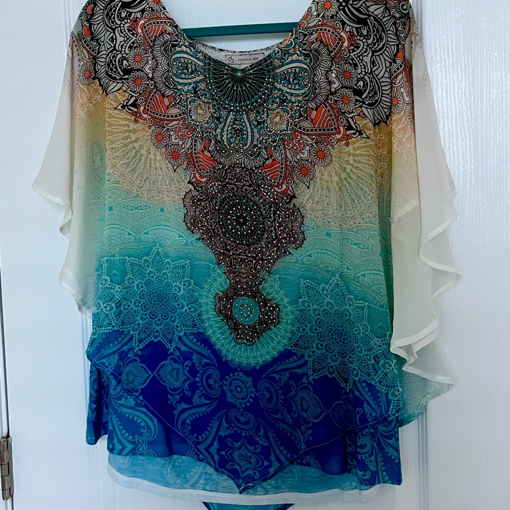 Dress Barn Multicolor Beaded Ombre Chiffon Tunic in Teal and Blue
